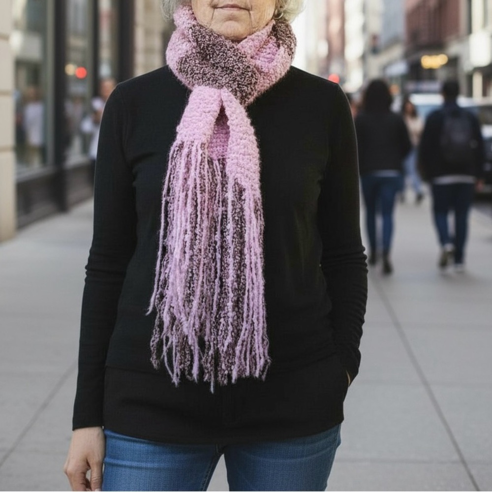 Scarf Pink Dark Rose Knit Hand Crafted Boucle Fringed Colorblock